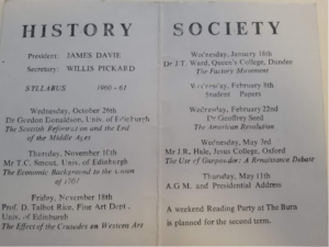 Printed term card for the student History Society