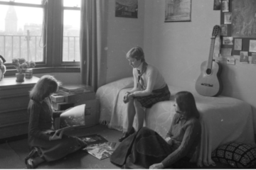 Female students relaxing in a student dorm, ca. 1976.