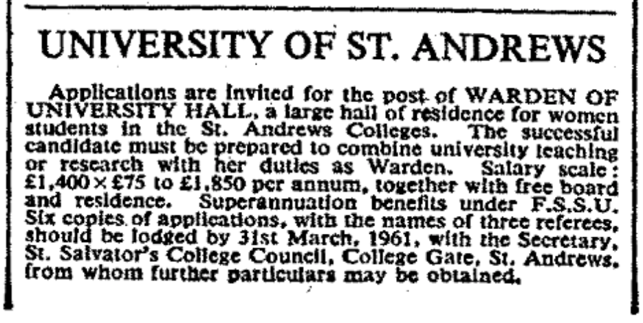 Advertisement from the Times 1961, for the role of Warden of University Hall