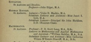 Printed list from University Calendar 1918-19, showing Janet Low's appointment as 'substitute lecturer'